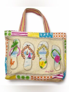 Sandy Clough Flip Flop Tote Beach Bag Canvas Colorful EUC